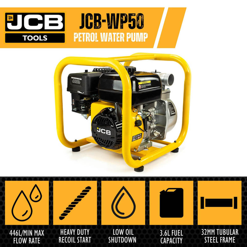 JCB PROFESSIONAL TOOLS Petrol 224CC Recoil Start 4-stroke Engine 50mm Inlet Outlet Fresh Water Pump