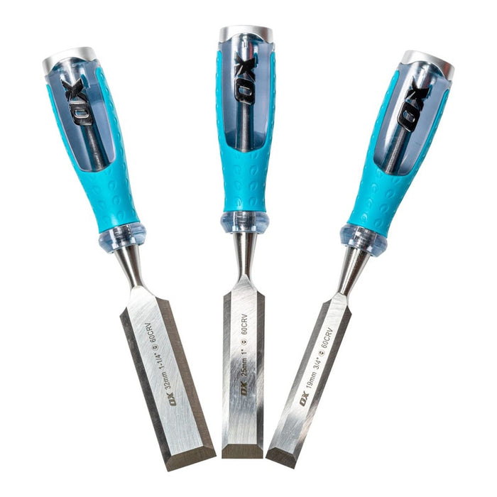 OX TOOLS Pro 3 piece Wood Chisel Set - Steel Through Tang & Metal Striking Cap - OX-P370903