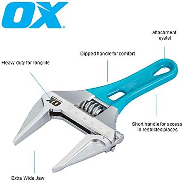 OX Tools Professional 180mm / 7in Series Adjustable Stubby Wrench (Extra Wide Jaw) OX-P560507