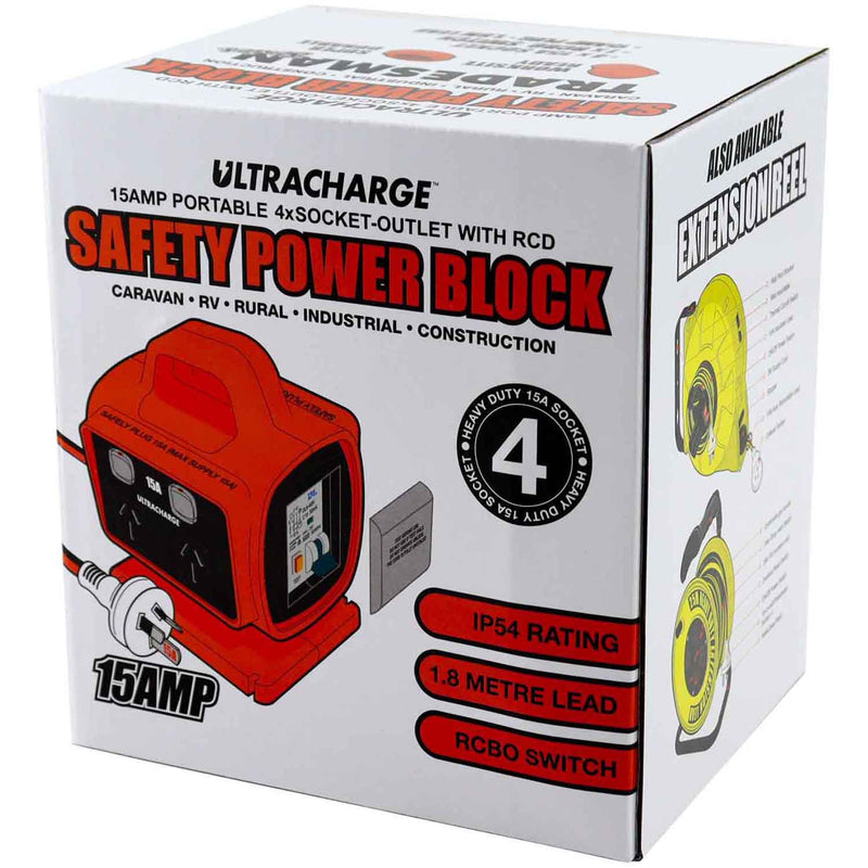 Ultracharge 15a 4 Way RCD Safety Power Block 15a Plug - UR115/4R - Betontools Australia
