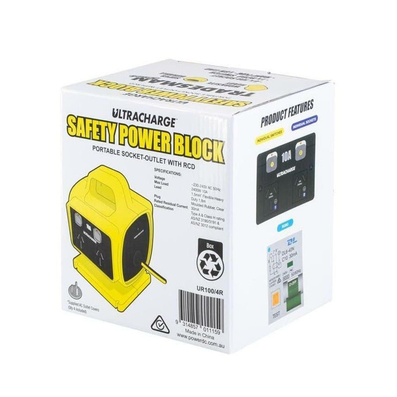 Ultracharge 10a 4way RCD Safety Power Block - UR100/4R - Betontools Australia