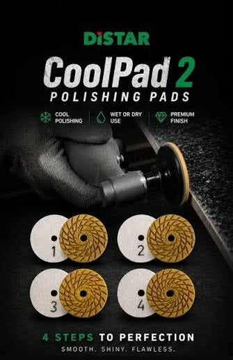 Distar CoolPad 2 Polishing Pads set featuring four gold and white abrasive pads shown below a graphic of a gloved hand using the pad on a workpiece. The black background features green and white branding text.