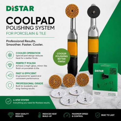Distar Coolpad Polishing System for porcelain & tile, featuring two electric polishers with orange and black pads, several white polishing discs, a green product box, and marketing text on a white and green background.