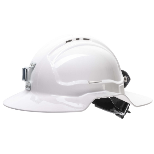 Maxisafe White Broadbrim hard hat w/ metal miners bracket & Ratchet Harness - HBB57RH-MLV-WH
